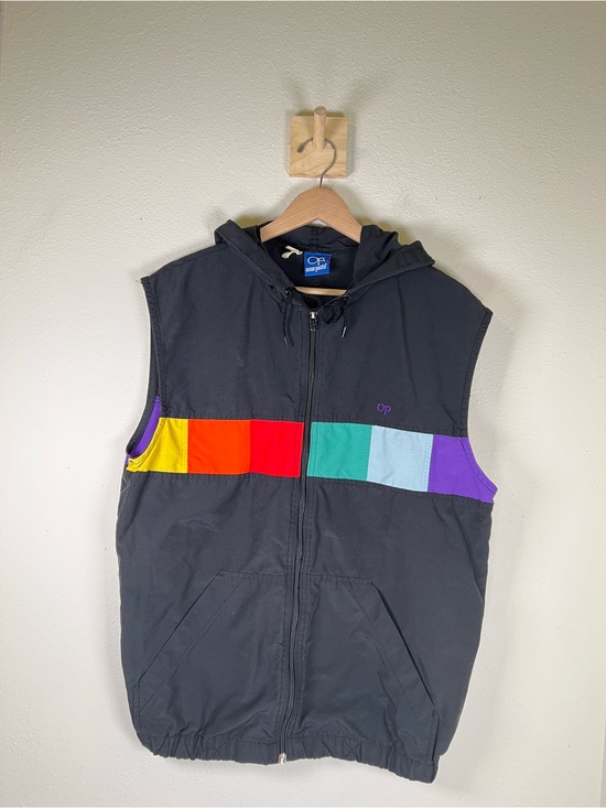 OP Other - VTG OP Black Hooded Vest with Rainbow Accent Men’s S/M